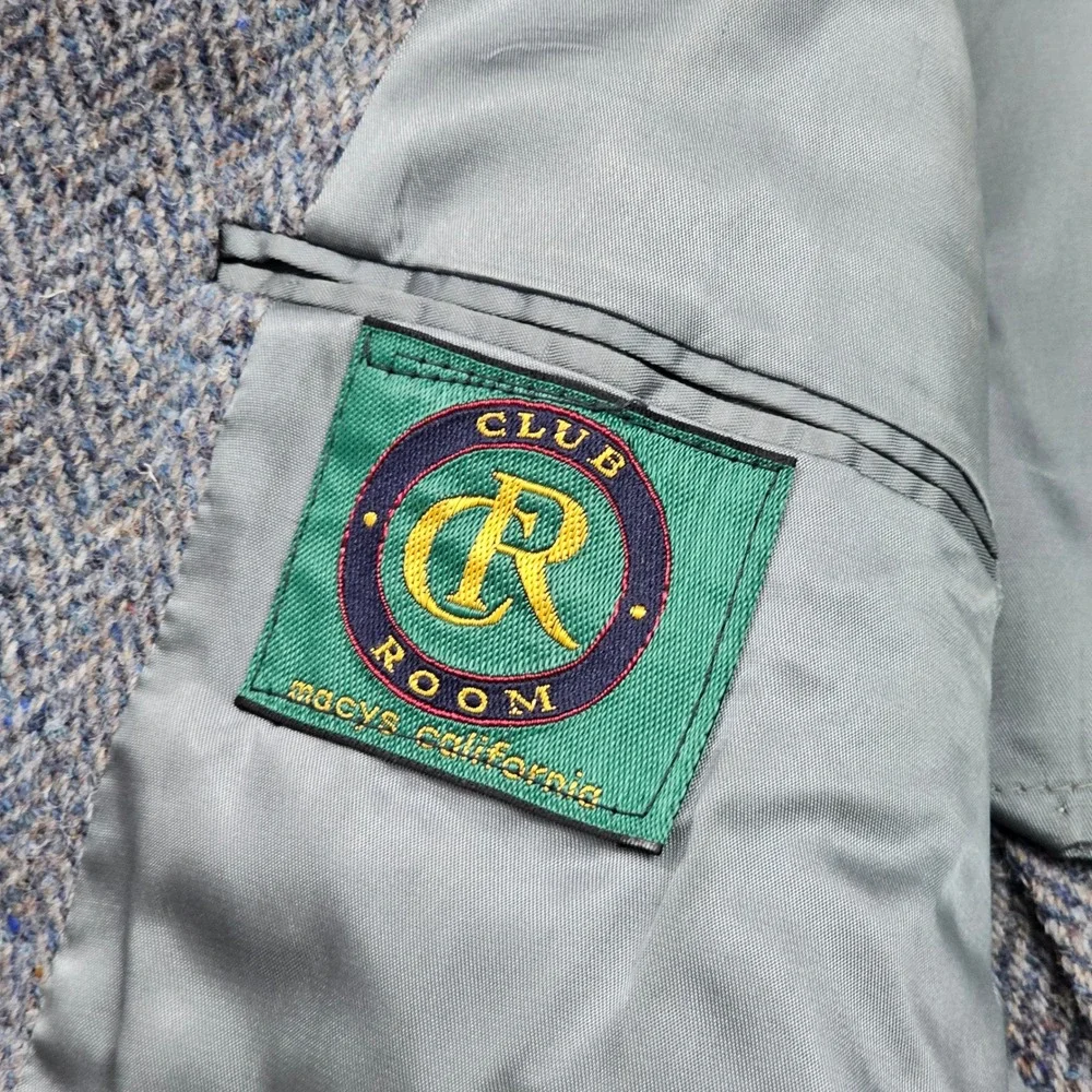 Club Room Harris Tweed Blazer Mens 40R Blue Gray Herringbone Wool Sport Coat Ivy